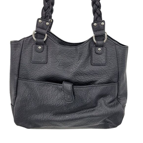 Black Braided Handle Vegan Faux Leather Shoulder Bag Multiple Compartments - Picture 4 of 13